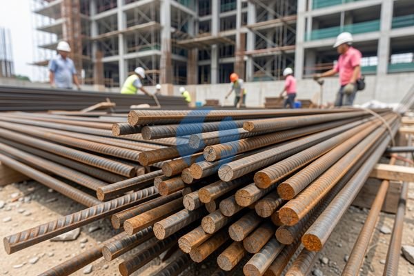 Tumpukan besi beton di area konstruksi