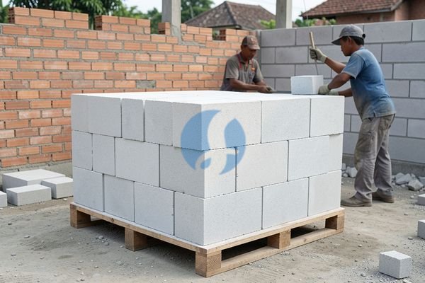 Pekerja sedang memasang hebel di dinding proyek rumah
