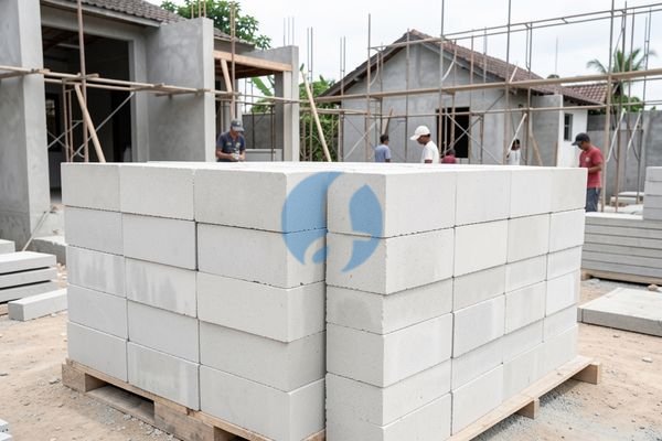 Pekerja bangunan sedang memasang bata hebel