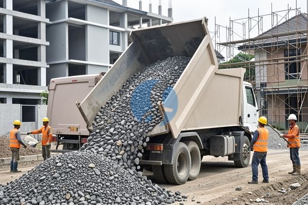 Truk pengangkut makadam di lokasi proyek