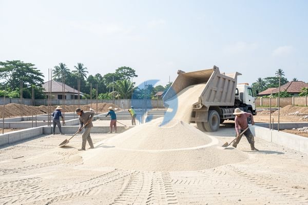 Pekerja sedang mengurug pasir di lokasi proyek