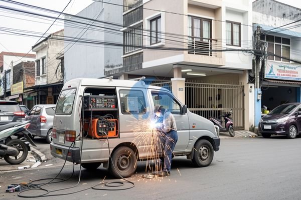 tukang las sedang bekerja di lokasi proyek