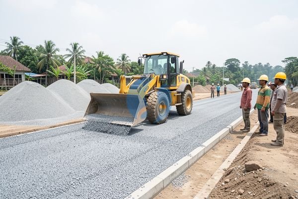 Proses pengurugan base course dengan alat berat